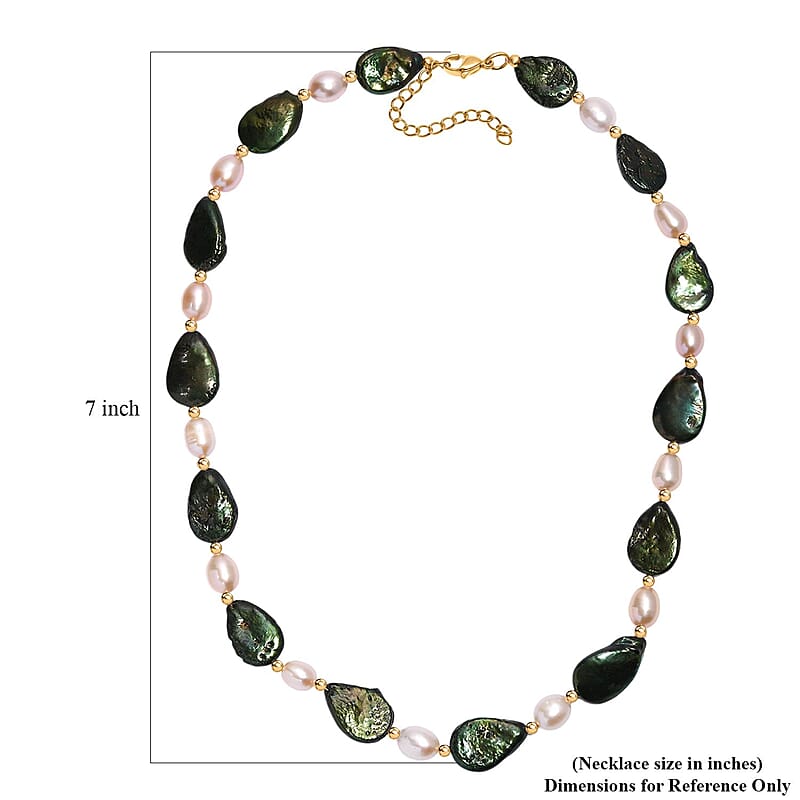 Green Pearl (D) and Freshwater Pearl Necklace in ION Plated YG Stainless Steel 18 Inches