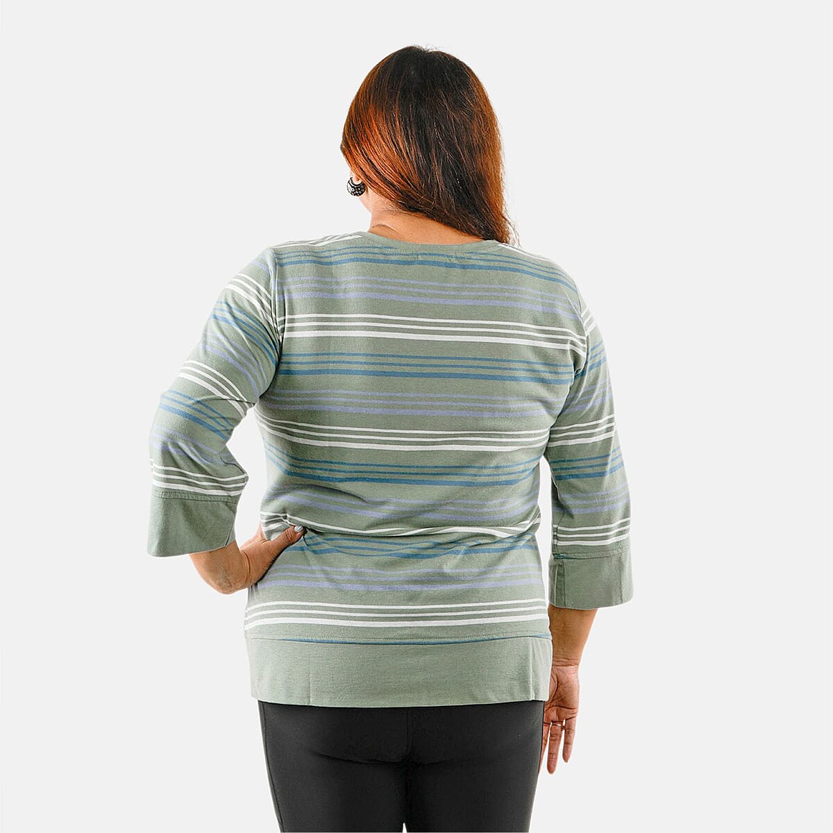 Solleille Meadow Sage Stripe Knit 3/4 Sleeve Top - m image number 1