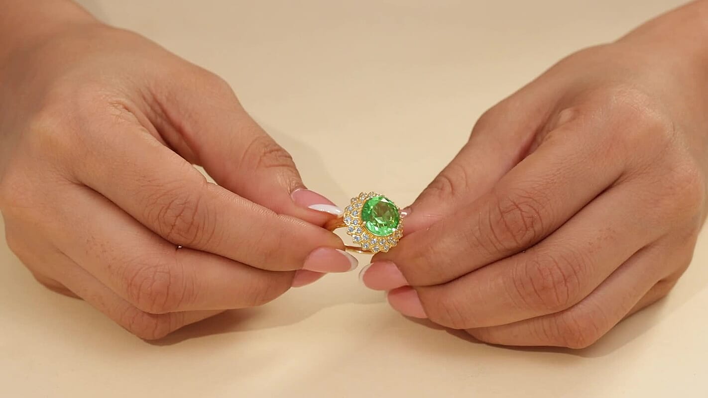 Ever True Chartreuse Quartz (Triplet), Signity Ice Blue and Paraiba Topaz 5.90 ctw Sunspire Bloom Ring in 18K YG Plated