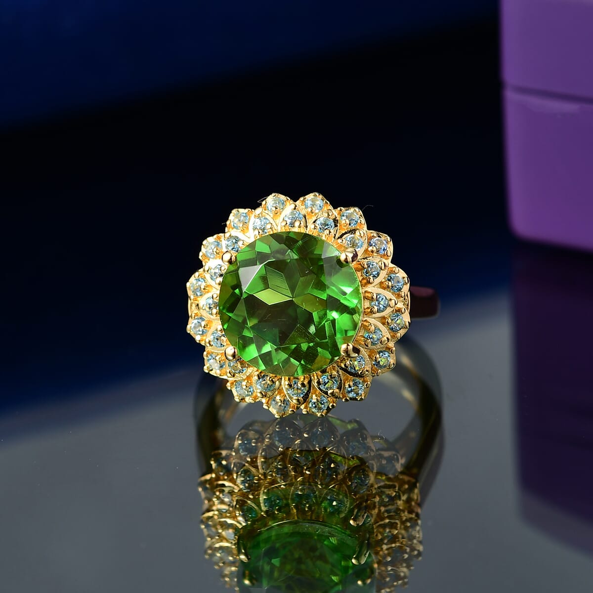 Ever True Chartreuse Quartz (Triplet), Signity Ice Blue and Paraiba Topaz 5.90 ctw Sunspire Bloom Ring in 18K YG Plated (Size 7.0) image number 1
