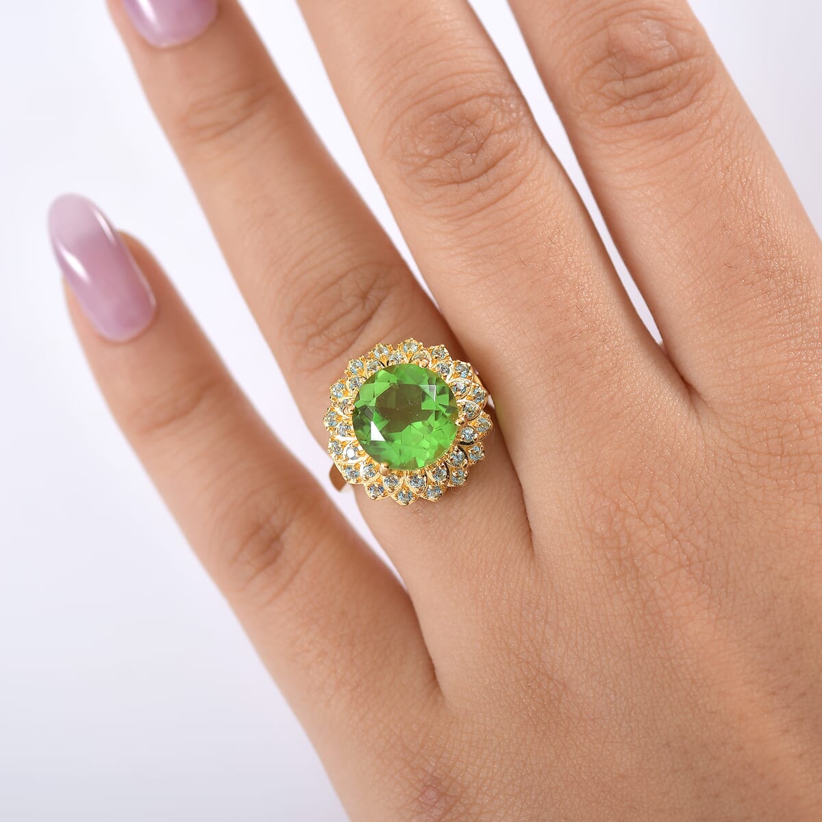 Ever True Chartreuse Quartz (Triplet), Signity Ice Blue and Paraiba Topaz 5.90 ctw Sunspire Bloom Ring in 18K YG Plated (Size 7.0) image number 2