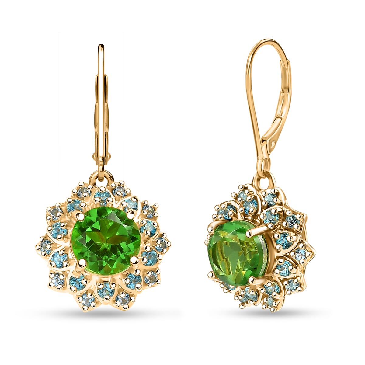 Ever True Chartreuse Quartz (Triplet) and Signity Ice Blue and Paraiba Topaz 4.30 ctw Sunspire Bloom Earrings in 18K YG Plated and Stainless Steel image number 0