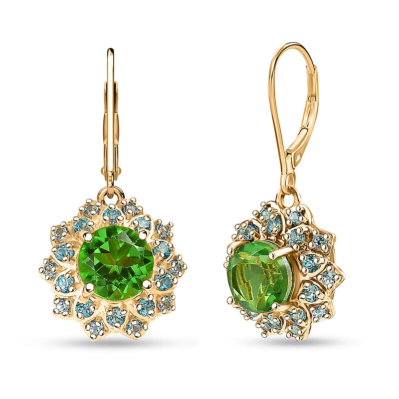EverTrue Chartreuse Quartz (Triplet) and Signity Ice Blue and Paraiba Topaz 4.30 ctw Sunspire Bloom Earrings in 18K YG Plated and Stainless Steel