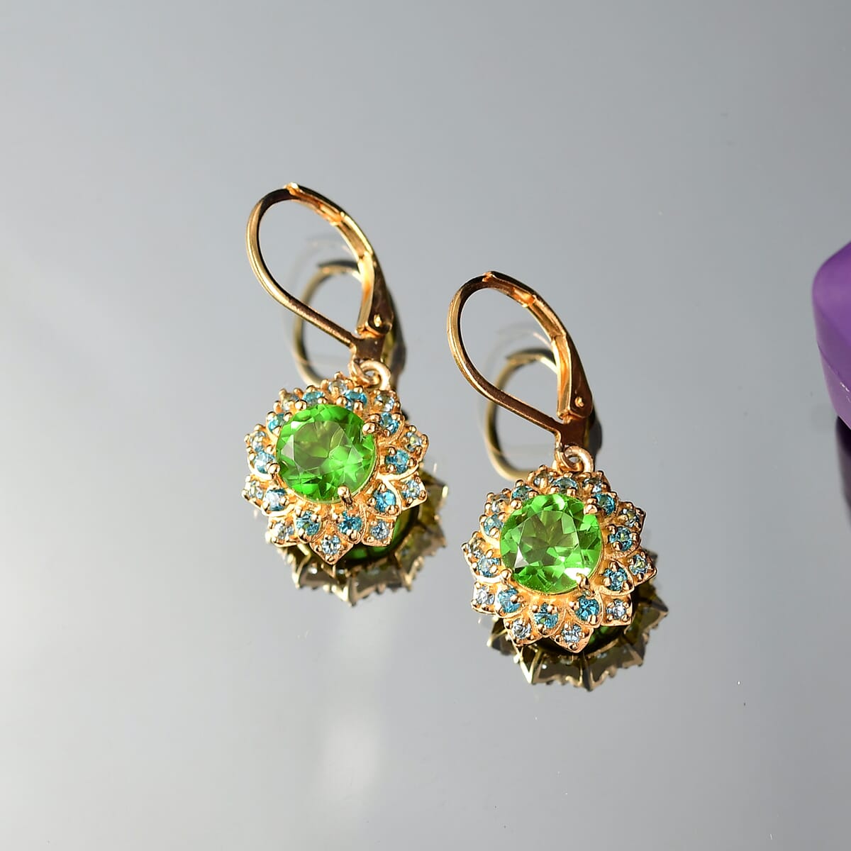 Ever True Chartreuse Quartz (Triplet) and Signity Ice Blue and Paraiba Topaz 4.30 ctw Sunspire Bloom Earrings in 18K YG Plated and Stainless Steel image number 1