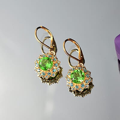 EverTrue Chartreuse Quartz (Triplet) and Signity Ice Blue and Paraiba Topaz 4.30 ctw Sunspire Bloom Earrings in 18K YG Plated and Stainless Steel