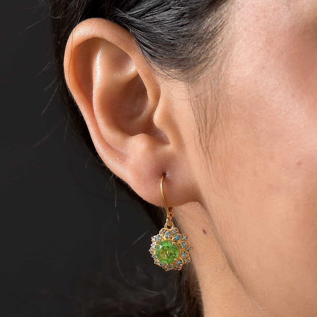 Ever True Chartreuse Quartz (Triplet) and Signity Ice Blue and Paraiba Topaz 4.30 ctw Sunspire Bloom Earrings in 18K YG Plated and Stainless Steel image number 2