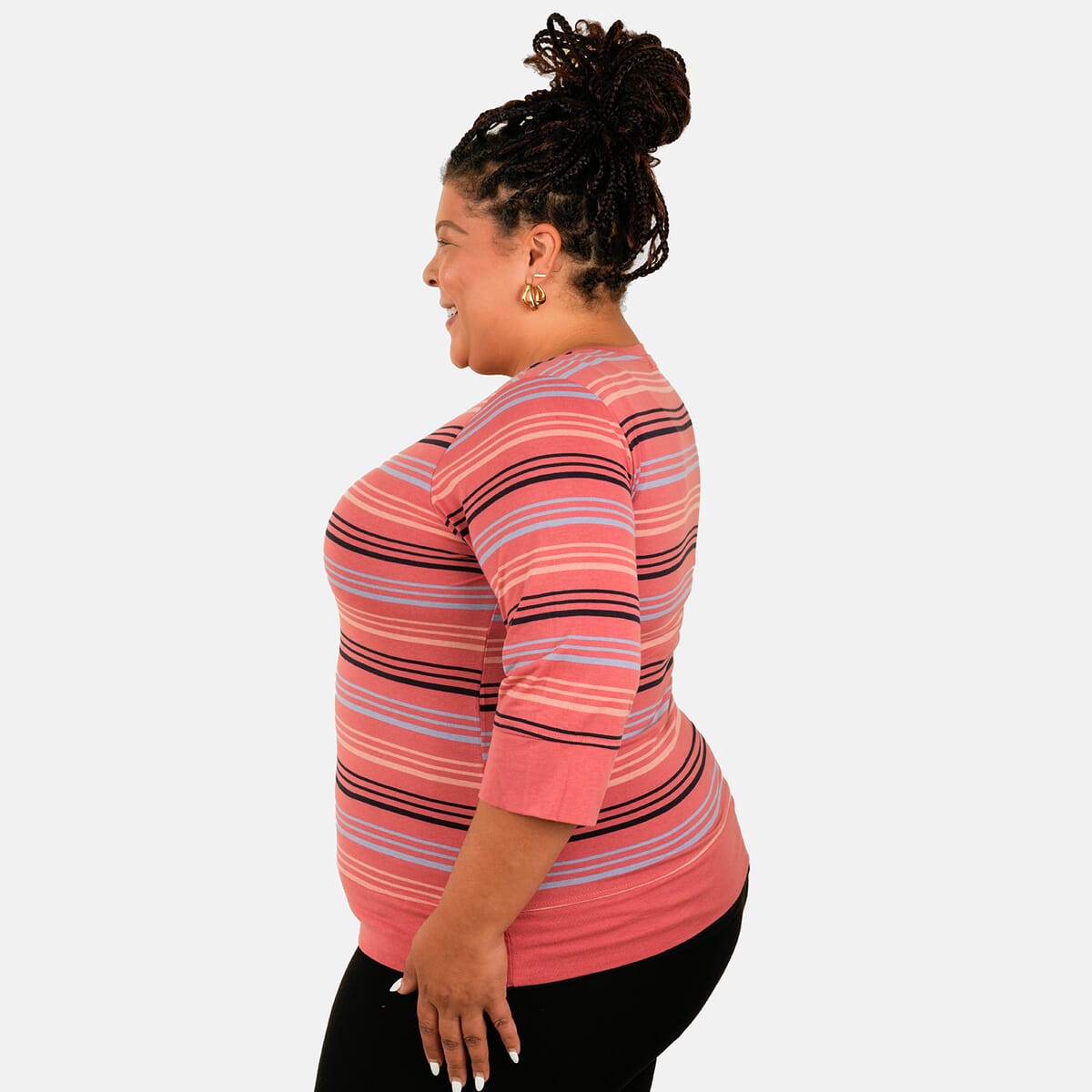 Solleille Serene Coral Stripe Knit 3/4 Sleeve Top - XL image number 2