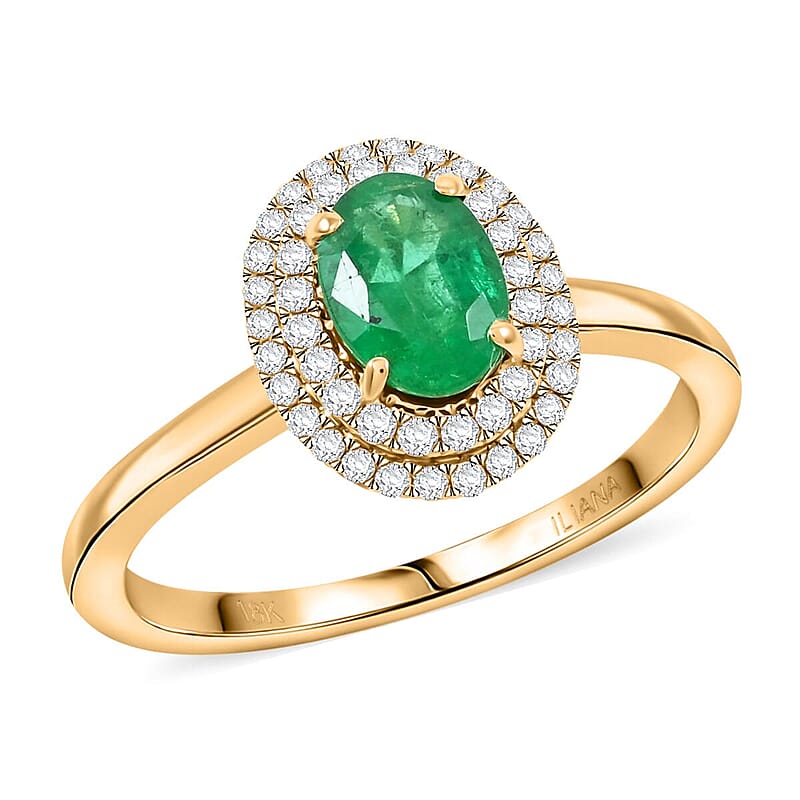Certified & Appraised Iliana AAAA Kagem Zambian Emerald and SI Diamond 1.00 ctw Double Halo Ring in 18K Yellow Gold (Size 11.0)
