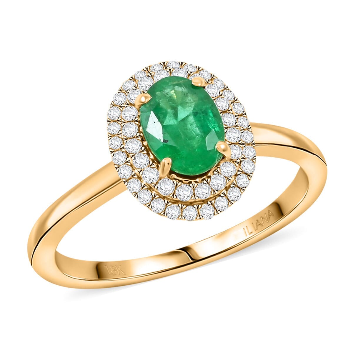 Certified & Appraised Iliana AAAA Kagem Zambian Emerald and SI Diamond 1.00 ctw Double Halo Ring in 18K Yellow Gold (Size 6.0) image number 0