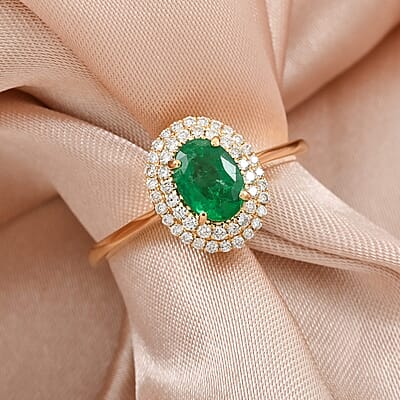 Certified & Appraised Iliana AAAA Kagem Zambian Emerald and SI Diamond 1.00 ctw Double Halo Ring in 18K Yellow Gold (Size 6.0)