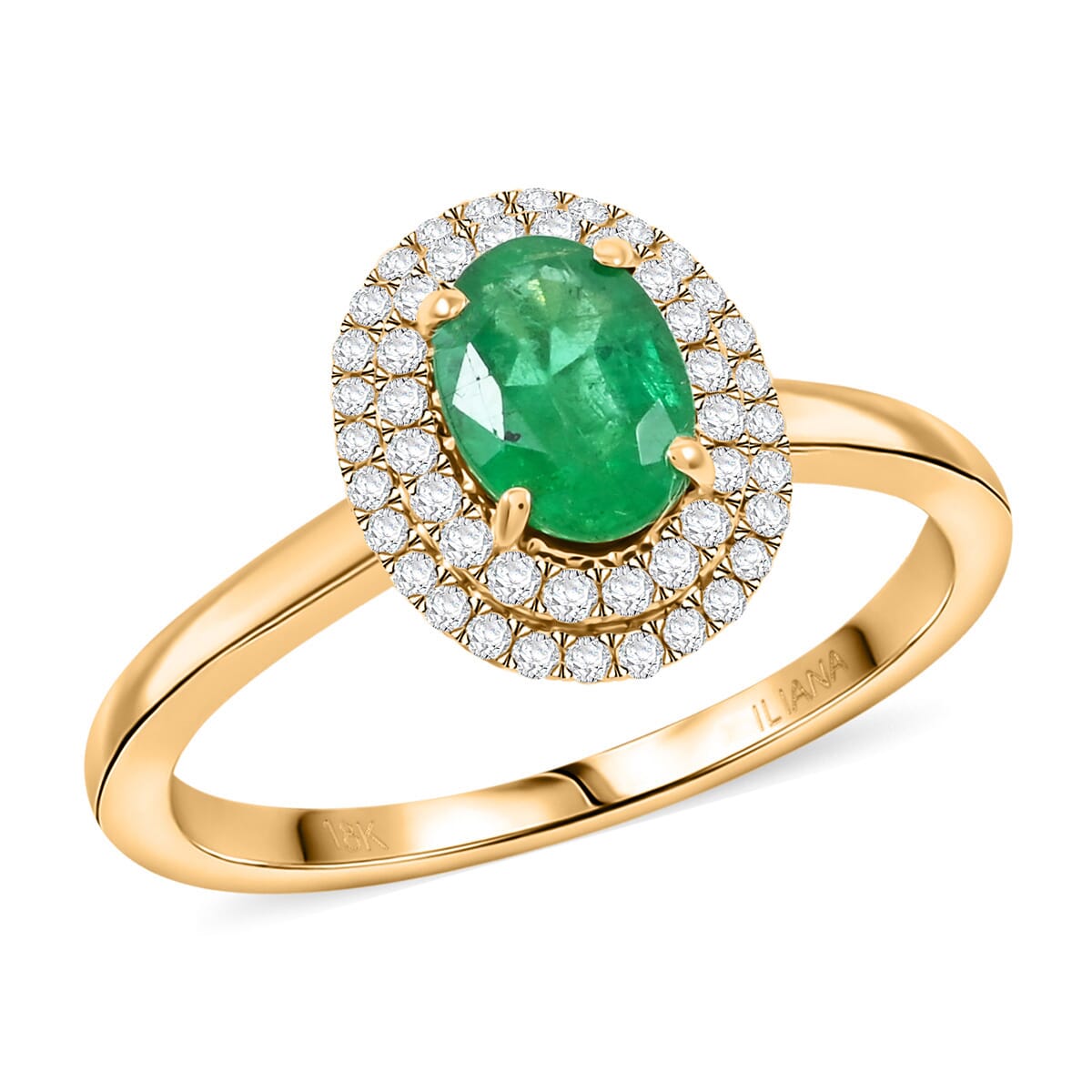Certified & Appraised Iliana AAAA Kagem Zambian Emerald and SI Diamond 1.00 ctw Double Halo Ring in 18K Yellow Gold (Size 7.0) image number 0