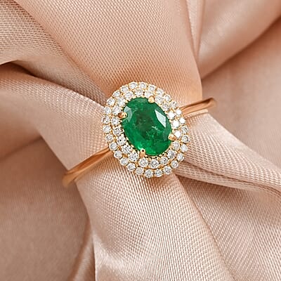 Certified & Appraised Iliana AAAA Kagem Zambian Emerald and SI Diamond 1.00 ctw Double Halo Ring in 18K Yellow Gold (Size 7.0)