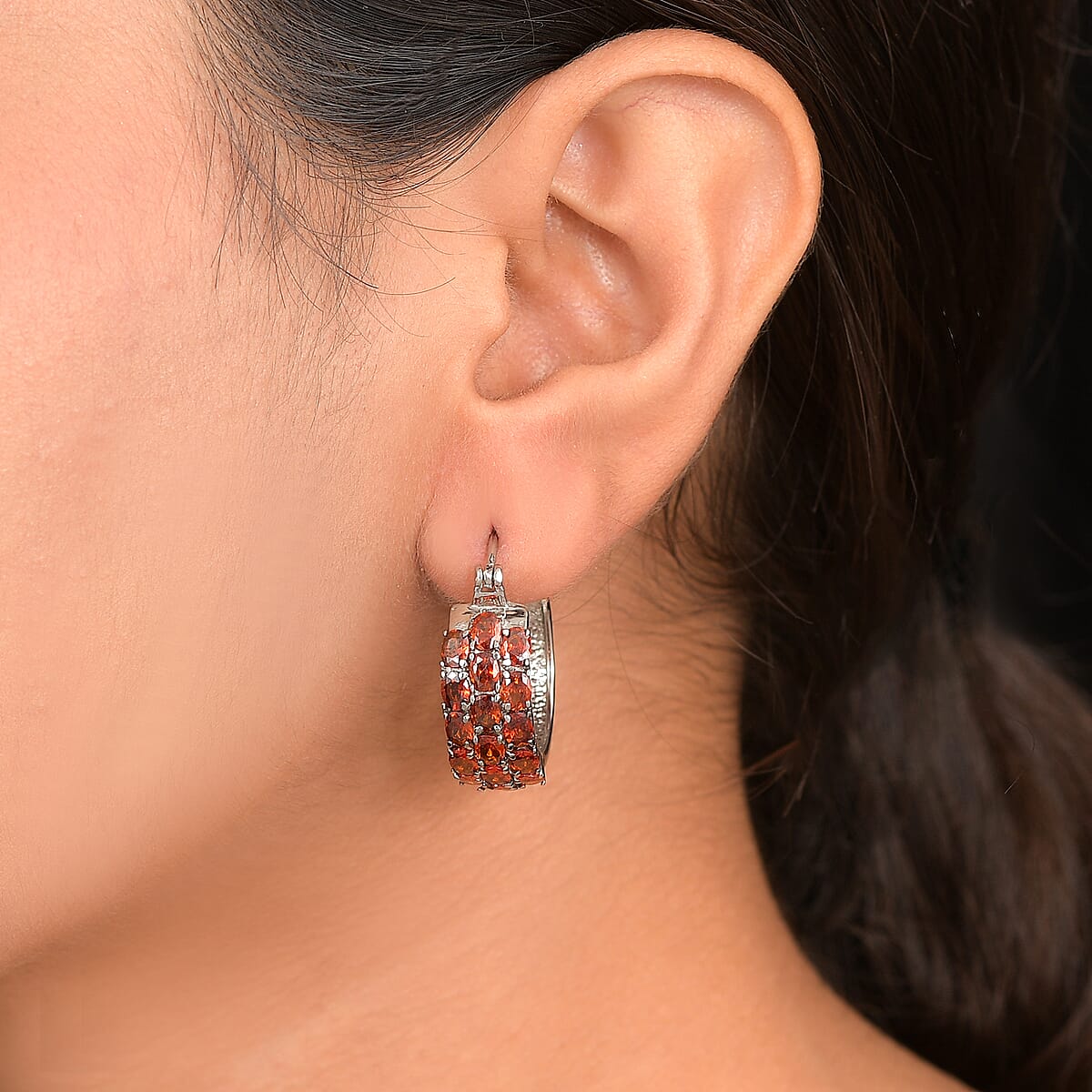 EverTrue Simulated Garnet 7.80 ctw Hoop Earrings in Stainless Steel  image number 2