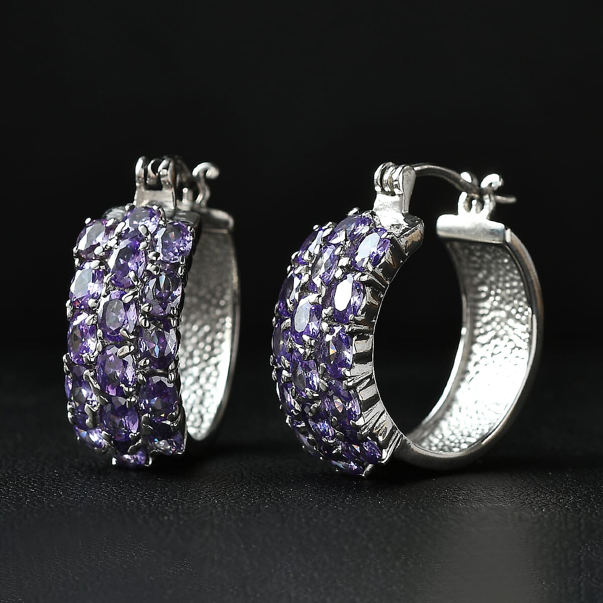 EverTrue Simulated Amethyst Color Diamond Hoop Earrings in Stainless Steel image number 1