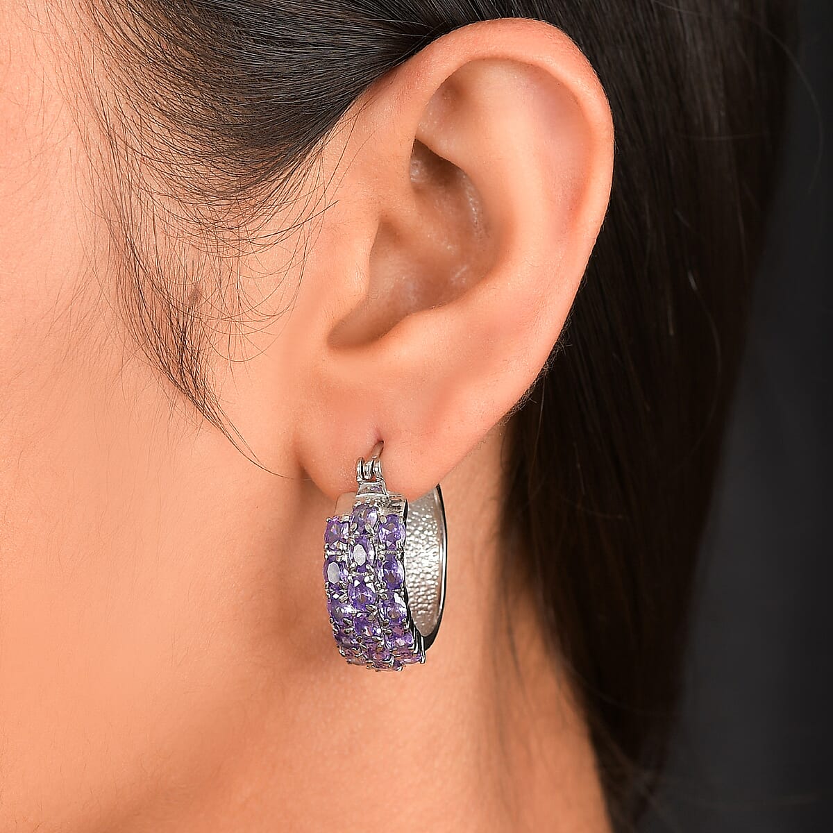 EverTrue Simulated Amethyst Color Diamond Hoop Earrings in Stainless Steel image number 2
