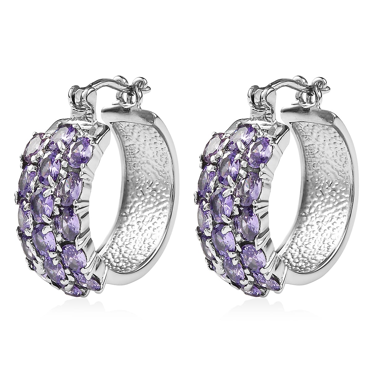 EverTrue Simulated Amethyst Color Diamond Hoop Earrings in Stainless Steel image number 3