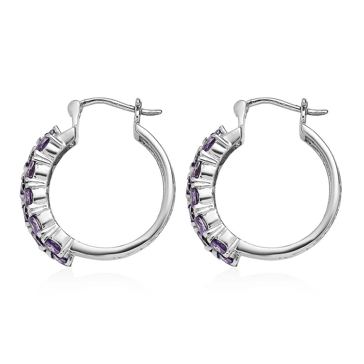 EverTrue Simulated Amethyst Color Diamond Hoop Earrings in Stainless Steel image number 4