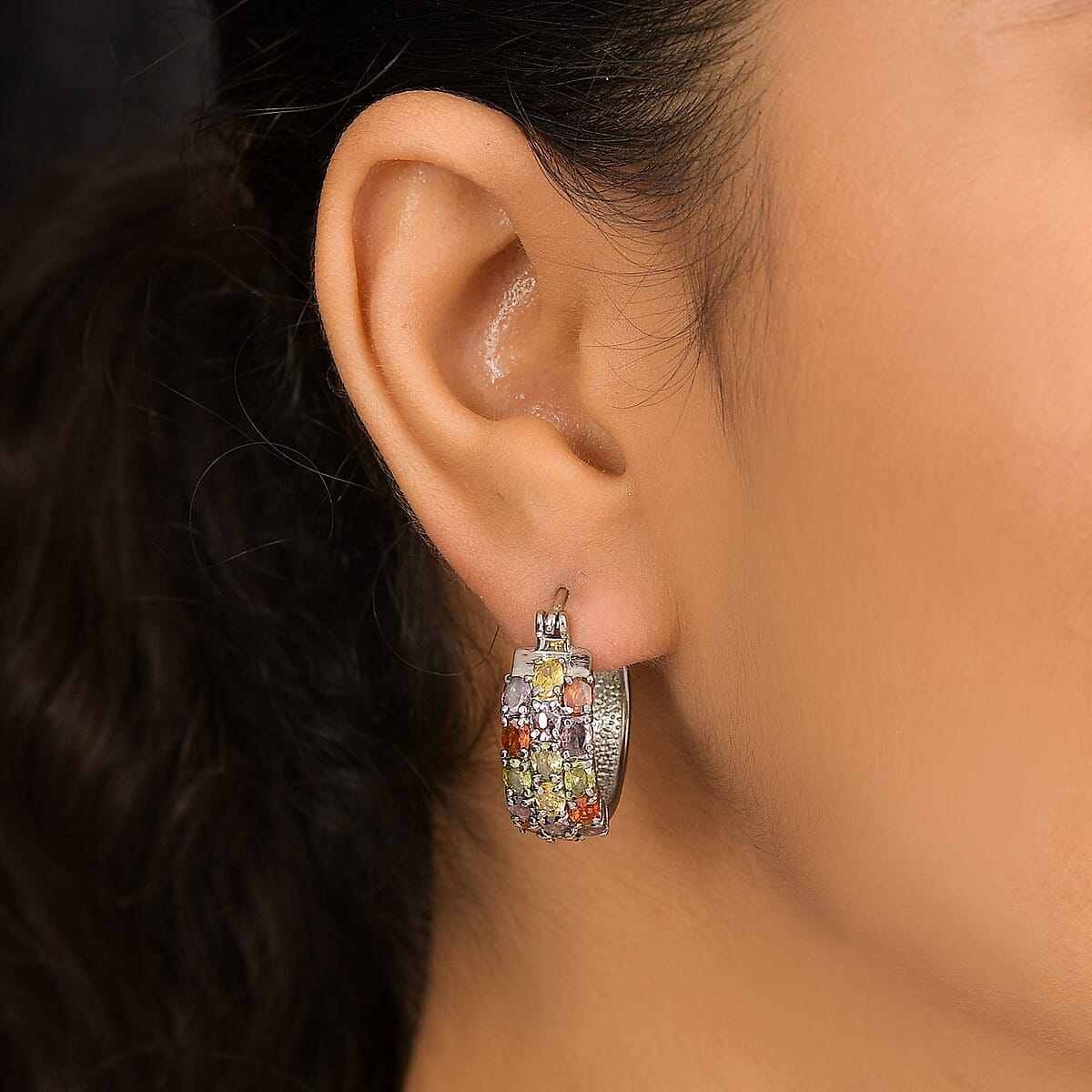 EverTrue Simulated Multi Diamond Hoop Earrings in Stainless Steel image number 2