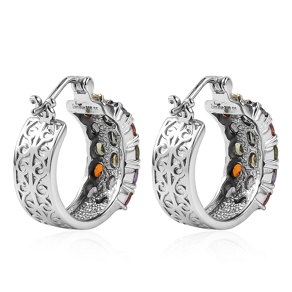 EverTrue Simulated Multi Diamond Hoop Earrings in Stainless Steel image number 4