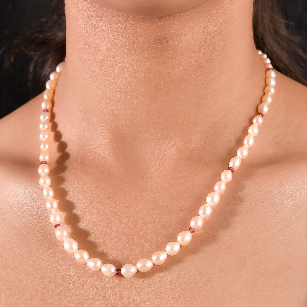 Peach Freshwater Pearl and Ouro Fino Rubellite 2.70 ctw Necklace in 18K Vermeil Yellow Gold Over Sterling Silver 18 Inches image number 2
