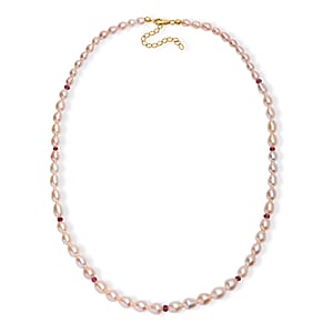 Peach Freshwater Pearl and Ouro Fino Rubellite 2.70 ctw Necklace in 18K Vermeil Yellow Gold Over Sterling Silver 18 Inches