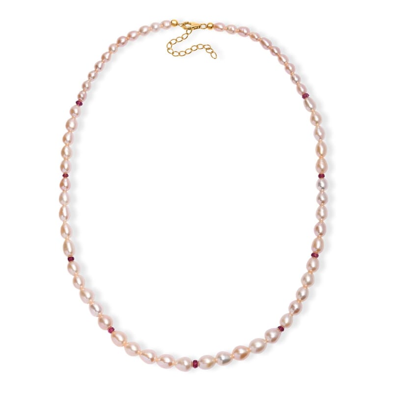 Peach Freshwater Pearl and Ouro Fino Rubellite 2.70 ctw Necklace in 18K Vermeil Yellow Gold Over Sterling Silver 18 Inches