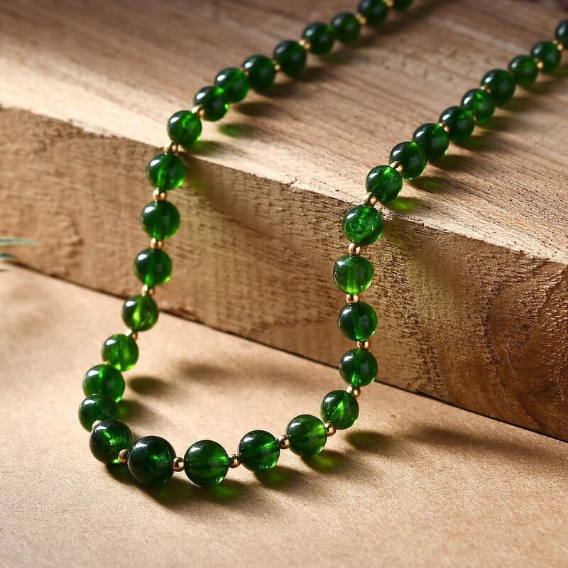 AAAA RARE FIND Chrome Diopside 180.00 ctw Beaded Necklace in 18K Vermeil Yellow Gold Over Sterling Silver 18-20 Inches