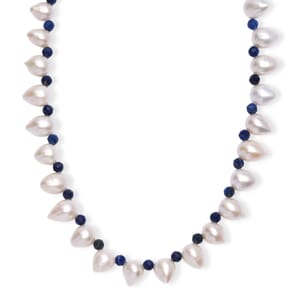 Freshwater Pearl and Lapis Lazuli 13.00 ctw Necklace in Rhodium Over Sterling Silver 18 Inches