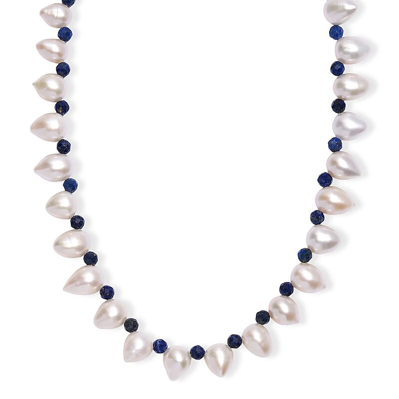 Freshwater Pearl and Lapis Lazuli 13.00 ctw Necklace in Rhodium Over Sterling Silver 18 Inches