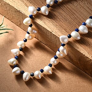 Freshwater Pearl and Lapis Lazuli 13.00 ctw Necklace in Rhodium Over Sterling Silver 18 Inches