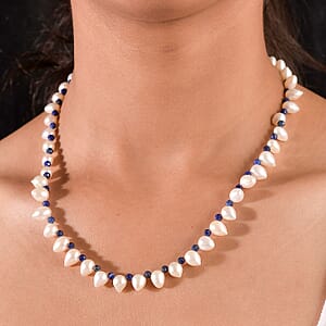 Freshwater Pearl and Lapis Lazuli 13.00 ctw Necklace in Rhodium Over Sterling Silver 18 Inches