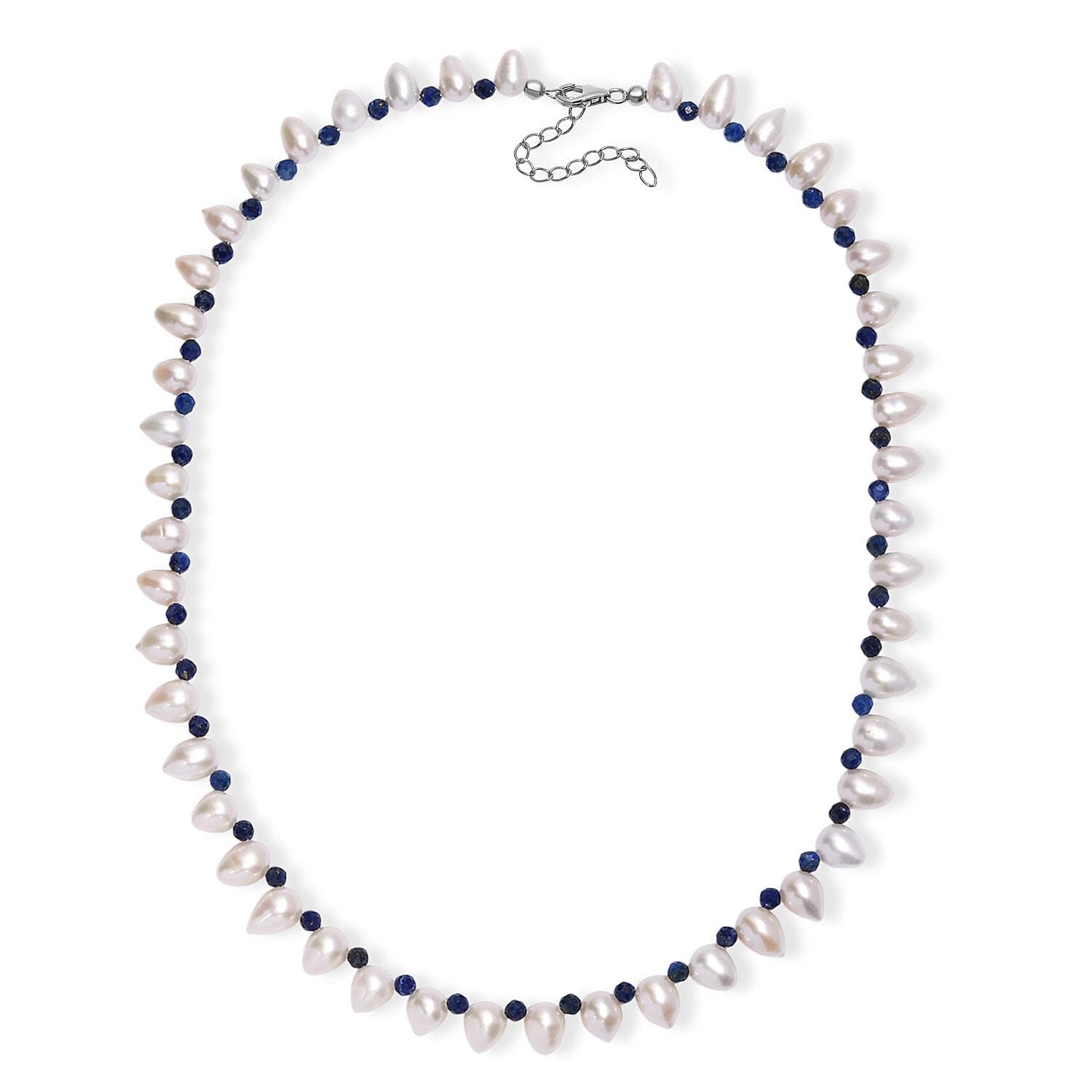 Freshwater Pearl and Lapis Lazuli 13.00 ctw Necklace in Rhodium Over Sterling Silver 18 Inches
