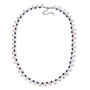 Freshwater Pearl and Lapis Lazuli 13.00 ctw Necklace in Rhodium Over Sterling Silver 18 Inches