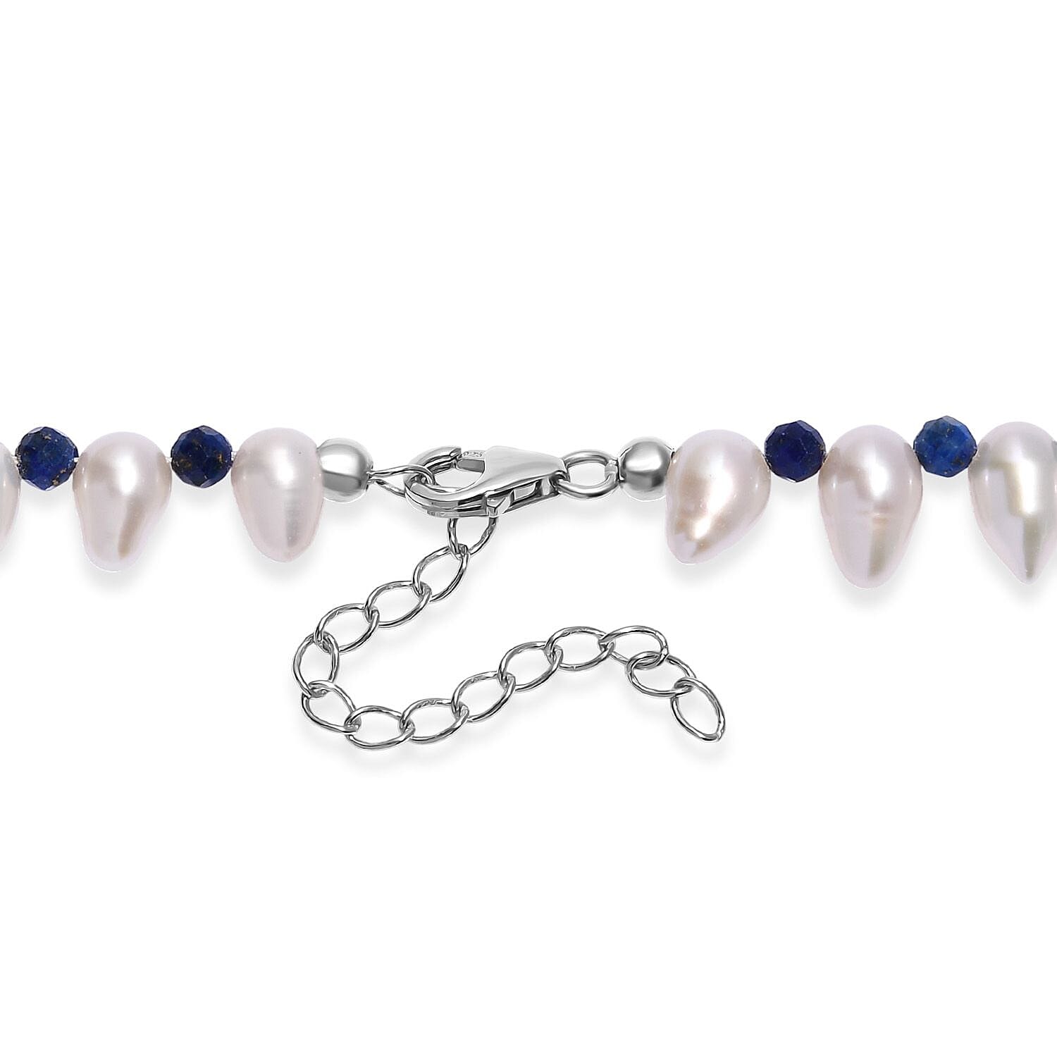 Freshwater Pearl and Lapis Lazuli 13.00 ctw Necklace in Rhodium Over Sterling Silver 18 Inches
