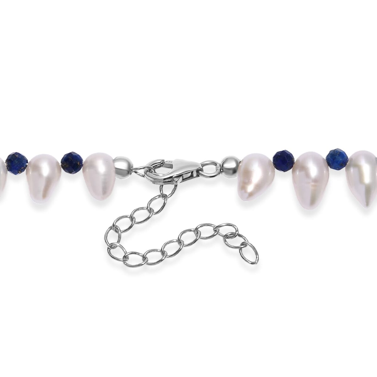 Freshwater Pearl and Lapis Lazuli 13.00 ctw Necklace in Rhodium Over Sterling Silver 18 Inches image number 4