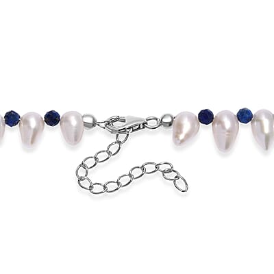 Freshwater Pearl and Lapis Lazuli 13.00 ctw Necklace in Rhodium Over Sterling Silver 18 Inches