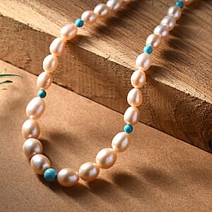 Pink Freshwater Pearl and Sleeping Beauty Turquoise 2.70 ctw Necklace in Rhodium Over Sterling Silver 18 Inches