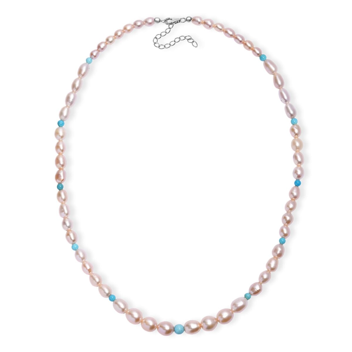 Pink Freshwater Pearl and Sleeping Beauty Turquoise 2.70 ctw Necklace in Rhodium Over Sterling Silver 18 Inches image number 3