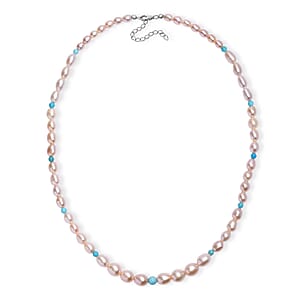Pink Freshwater Pearl and Sleeping Beauty Turquoise 2.70 ctw Necklace in Rhodium Over Sterling Silver 18 Inches