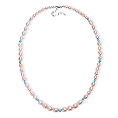 Pink Freshwater Pearl and Sleeping Beauty Turquoise 2.70 ctw Necklace in Rhodium Over Sterling Silver 18 Inches