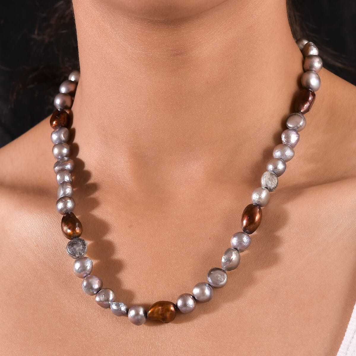 Grey and Bronze Pearl (D) Necklace in Platinum Bond 18 Inches image number 2
