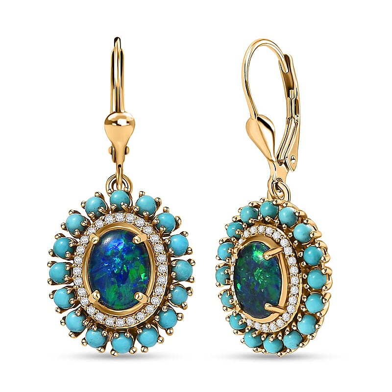 D'Joy Australian Black Ridge Opal Triplet and Multi Gemstone 3.15 ctw Earrings in 18K Vermeil Yellow Gold Over Sterling Silver