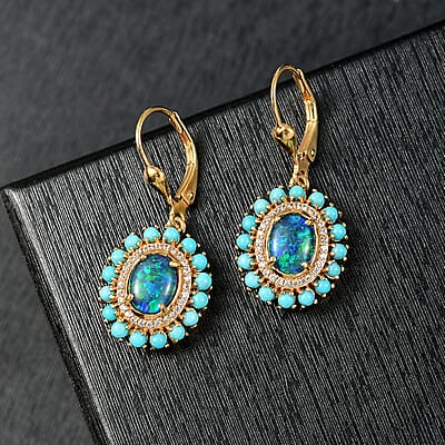 D'Joy Australian Black Ridge Opal Triplet and Multi Gemstone 3.15 ctw Earrings in 18K Vermeil Yellow Gold Over Sterling Silver