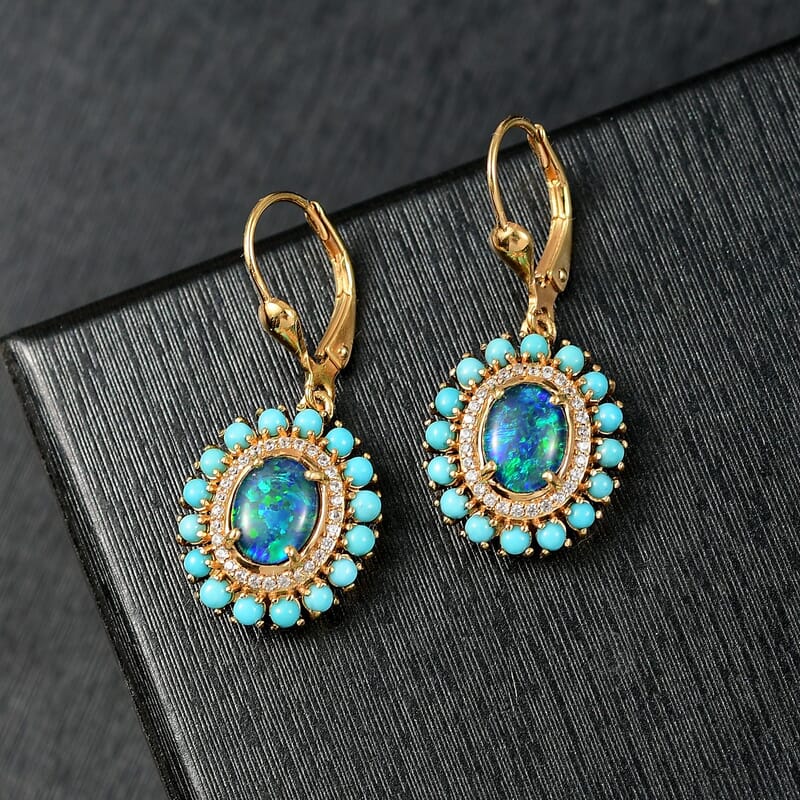 D'Joy Australian Black Ridge Opal Triplet and Multi Gemstone 3.15 ctw Earrings in 18K Vermeil Yellow Gold Over Sterling Silver