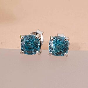 Blue Zircon 1.99 ctw Earrings in Rhodium Over Sterling Silver