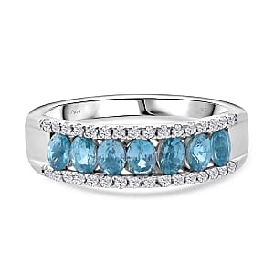 Blue Zircon and White Zircon 2.32 ctw Ring in Rhodium Over Sterling Silver (Size 10)