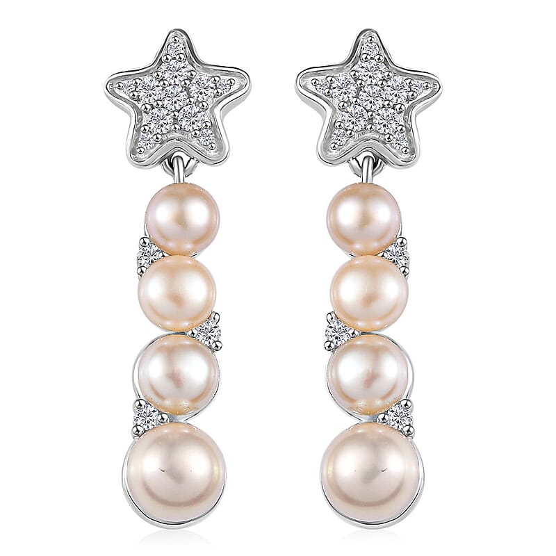 GP Capri Special Collection Freshwater Pearl and White Zircon 3.30 ctw Earrings in Rhodium Over Sterling Silver