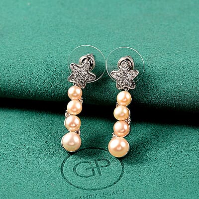 GP Capri Special Collection Freshwater Pearl and White Zircon 3.30 ctw Earrings in Rhodium Over Sterling Silver