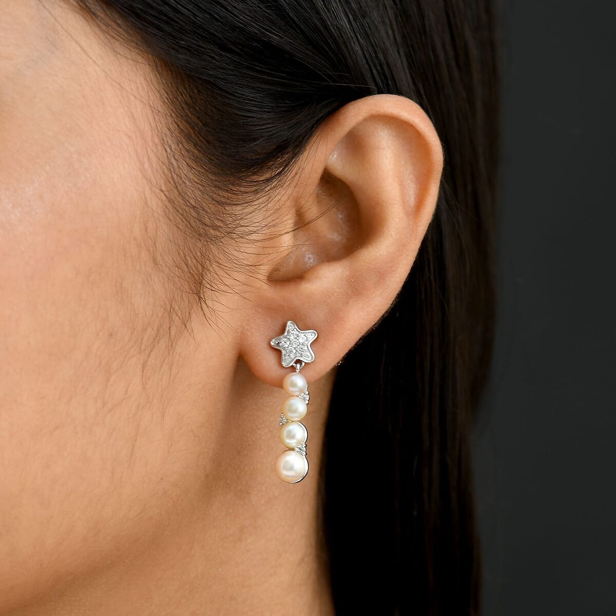 GP Capri Special Collection Freshwater Pearl and White Zircon 3.30 ctw Earrings in Rhodium Over Sterling Silver image number 2