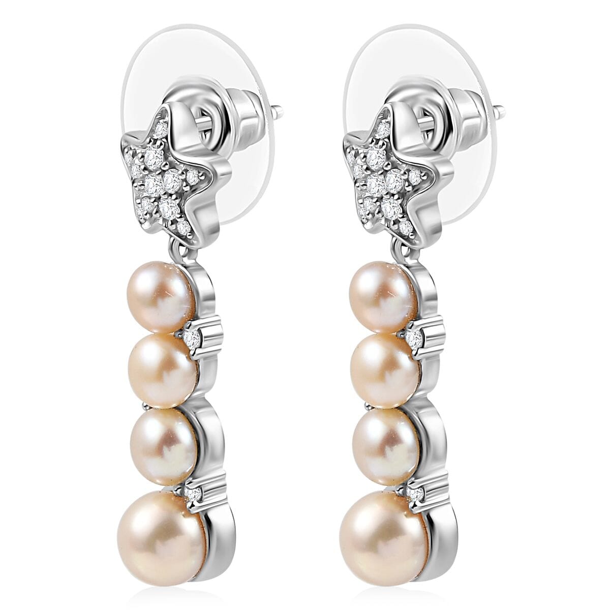 GP Capri Special Collection Freshwater Pearl and White Zircon 3.30 ctw Earrings in Rhodium Over Sterling Silver image number 4